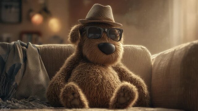 A fuzzy teddy bear sits comfortably on a cozy couch adorned with a patterned blanket. The cute stuffed animal wears a stylish hat, creating a relaxed and charming atmosphere.