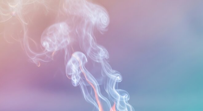 Wispy smoke trails rise against a soft pastel gradient of peach, purple, and teal hues.