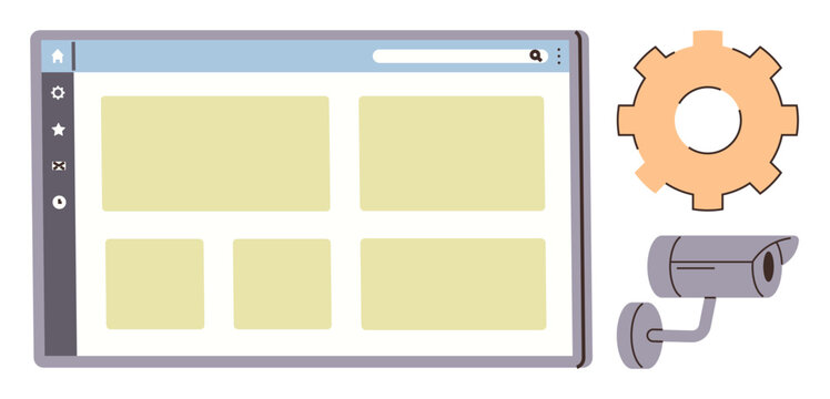 Webpage layout alongside a security camera and gear icon conveys monitoring, system settings, and digital security. Ideal for cybersecurity, data monitoring, user interface, surveillance, technology