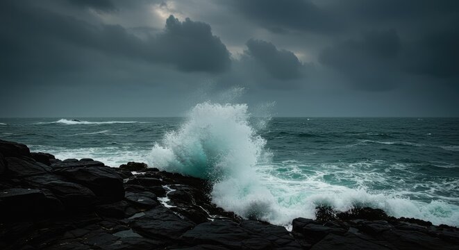 A powerful wave crashes against dark rocks on a stormy sea - Powered by Adobe