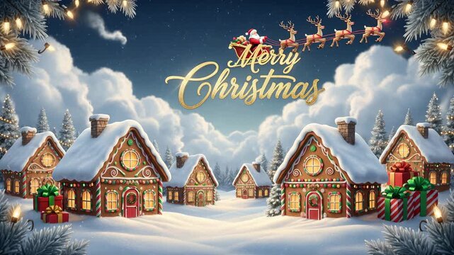 Festive gingerbread village with twinkling lights, gentle snowfall, and Santas sleigh gliding through the night sky. Warm, whimsical Christmas atmosphere with premium animated effects.