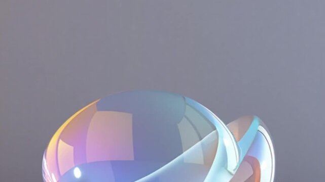 Iridescent orbs interlock on gray field