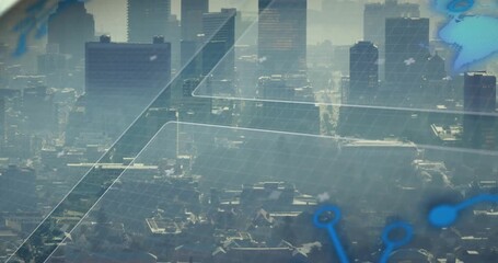 Map element fading in white lines brightening blue nodes emerging showing network over hazy skyline - Powered by Adobe