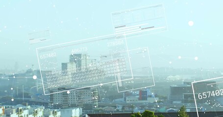 dots drifting starting HUD panels appearing right, overlaying skyline with tilted grid showing data