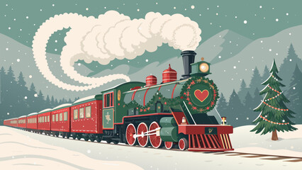 Vintage steam engine hauling a freight train on a snowy railway track with Santa Claus aboard the antique locomotive