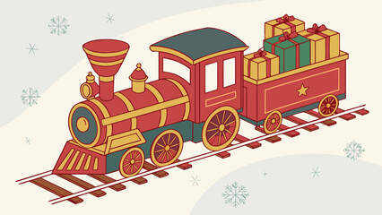 Vector illustration of an old steam locomotive transporting Christmas gifts on a railroad track