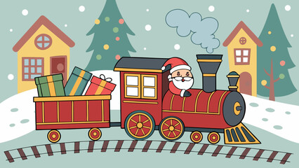 Christmas vector illustration of a cartoon toy steam train and a car traveling through a snowy city