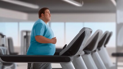 Overweight man treadmill gym cardio workout exercise running determined expression steady pace motivational hopeful jog modern fitness center natural
