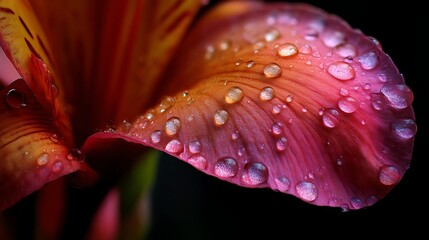 Close Up Pink Orange Flower Petal with Water Droplets on Dark Background