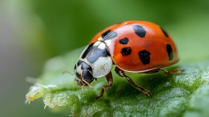 Close-up of a Bright Red Ladybug on Green Leaf Showing Black Spots and Detailed Features