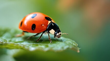 Bright Red Ladybug with Black Spots on Green Leaf in Natural Setting