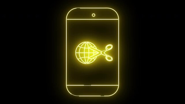 Glowing yellow outline of a smartphone with a globe and scissors icon in its center against a black background