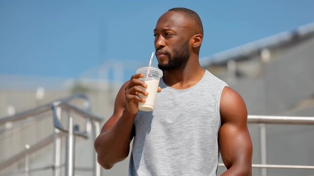 Athletic muscular man drinking smoothie drink outdoors in sleeveless shirt enjoying sunny fitness break relaxed moment under blue sky