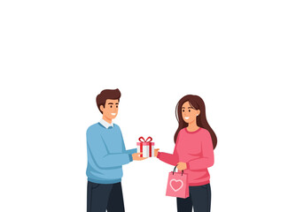 Romantic Couple Exchanging Gifts on Valentine's Day with Heart Shopping Bag and Gift Box 