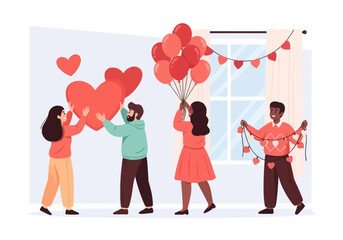 Illustration of Room Decoration Collaboration for Valentine's Day Party with Balloons and Red Hearts