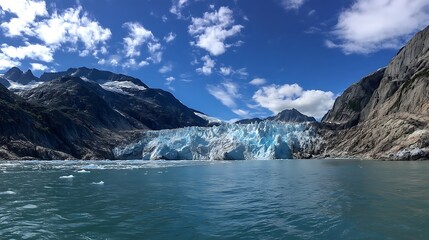 Majestic Glacier Calving Into Turquoise Water Under Bright Blue Sky with Fluffy Clouds