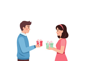 Happy Couple Exchanging Ribbon Gift Boxes on Valentine's Day: Small Present Illustration