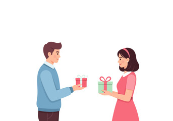 Happy Smiling Couple Exchanging Valentine Gifts with Red and Green Gift Boxes