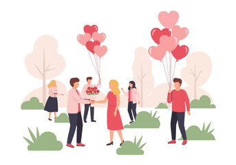 Romantic Couple in the Park: Man Giving a Bouquet of Roses and Heart Balloons on Valentine's Day