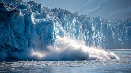 Majestic Blue Glacier Calving Into Ocean with Ice Fragments and Steam