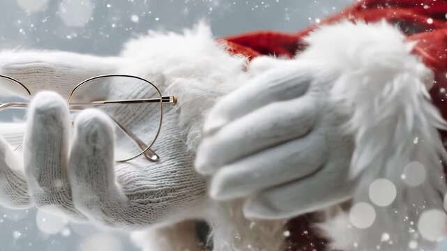 A soft gloved hand presents elegant round glasses, emphasizing their intricate design and silver accents. The white glove contrasts beautifully with the festive red attire, creatin