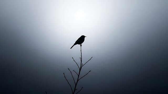 A lone bird's silhouette perched serenely on a bare branch against a soft, ethereal sky, evoking a sense of quiet solitude and hopeful tranquility at dawn