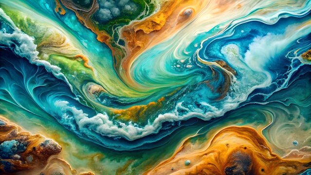 Vibrant swirls of turquoise gold and green create an abstract fluid art landscape - Powered by Adobe