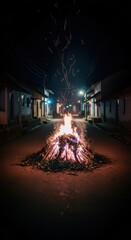 Fototapeta premium Burning bonfire on the street at night with sparks flying, celebration concept, outdoors.