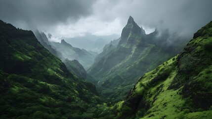 Lush Green Mountain Range with Cloudy Sky and Misty Atmosphere