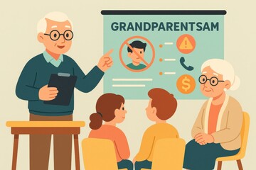 Engaging Classroom Session with Elderly Instructor Imparting Valuable Lessons to Children on Fraud Awareness and Digital Safety Through Grandparents Scam Prevention Techniques