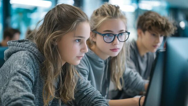 Focused teenage students collaborate on a computer project in a modern classroom, demonstrating teamwork and digital skills. The atmosphere is dynamic and inspiring for learning - Powered by Adobe