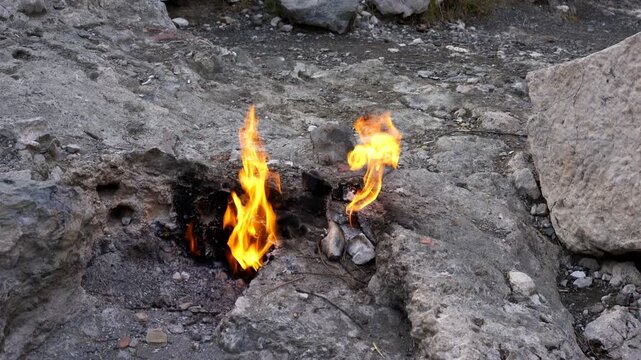 Eternal fire flames burning on Yanartas Mount Chimaera in Turkey