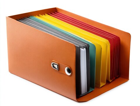 A tan accordion file folder with red yellow teal and grey inserts sits on a white surface