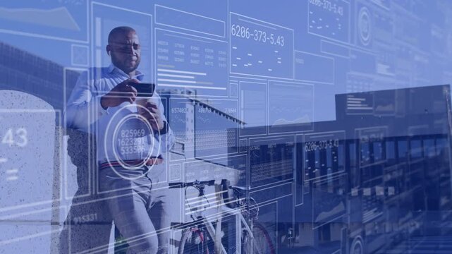 Professional man at office railing, tapping smartphone causing blue AR charts showing work metrics