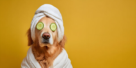Pampered golden retriever relaxing with cucumber slices and towel wrap, embodying ultimate pet spa luxury and self-care.