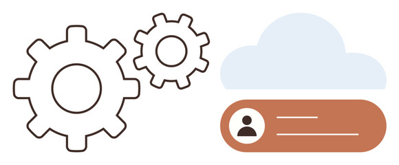 Gears beside a cloud and user login icon represent functionality, cloud workflow, and user access. Ideal for technology, cloud computing, automation, system management, data integration, digital