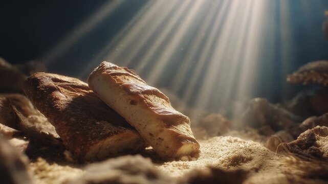 Two rustic bread loaves rest on a textured surface, illuminated by radiant beams of light cascading from above. The warm crust showcases delightful patterns while inviting all to e