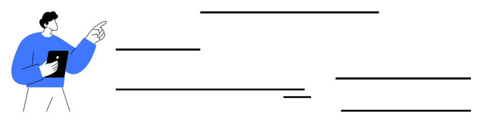 Man in blue sweater holding tablet, gesturing to horizontal abstract lines. Ideal for analytics, presentations, teamwork, planning, consulting, education leadership. Simple flat metaphor