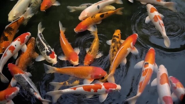 A vibrant school of colorful koi fish swimming gracefully in a clear pond, showcasing their beautiful patterns and shimmering scales