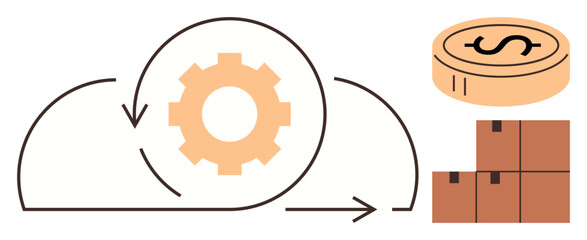 Cloud, cogwheel, boxes, and coin visualizing supply chain management, logistics, financial flow, and automation. Ideal for business technology workflow efficiency connectivity strategy. Simple