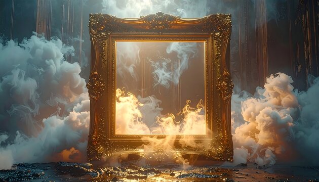 Ornate gold frame with billowing clouds, mysterious light, and ethereal glow