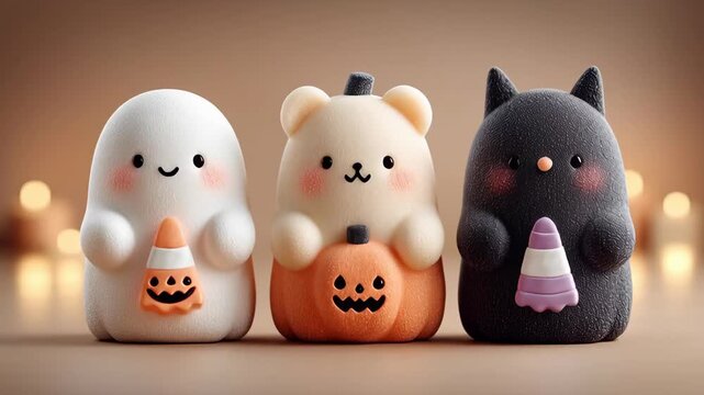 Halloween Candy Corn Trio: Ghost, Bear, and Cat Figures with Smiling Faces