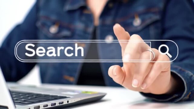 Virtual Search Bar Interaction with a Denim Jacket. Modern Technology and Digital Search Concept. Clean Layout with Transparent Overlay.