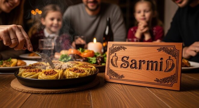 Sarmi &ndash; Bulgarian Stuffed Cabbage Rolls with Visible Filling | Cornel Cherry Wood Plaque, Pepper Flower & Rice Grain Motifs | Traditional Family Food Photography
