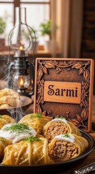 Sarmi &ndash; Bulgarian Stuffed Cabbage Rolls with Visible Filling | Cornel Cherry Wood Plaque, Pepper Flower & Rice Grain Motifs | Traditional Family Food Photography