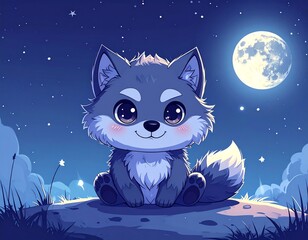 Cute wolf pup under starry night sky