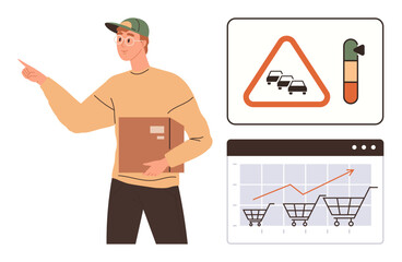 Worker holding a box points to a chart with traffic, sale trends, and shopping carts. Ideal for logistics, delivery, e-commerce, shipping, warehouse business retail concepts. Simple flat metaphor