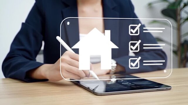 Digital Real Estate Management with Icon Overlay. Professional Using Stylus on Tablet and Laptop. Property Management and Checklist Concept.
