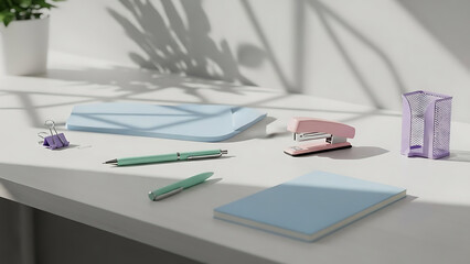 A neatly arranged collection of pastel-colored office stationery on a bright, sunlit desk creating a calm and productive workspace