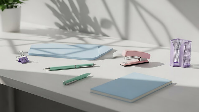 A neatly arranged collection of pastel-colored office stationery on a bright, sunlit desk creating a calm and productive workspace